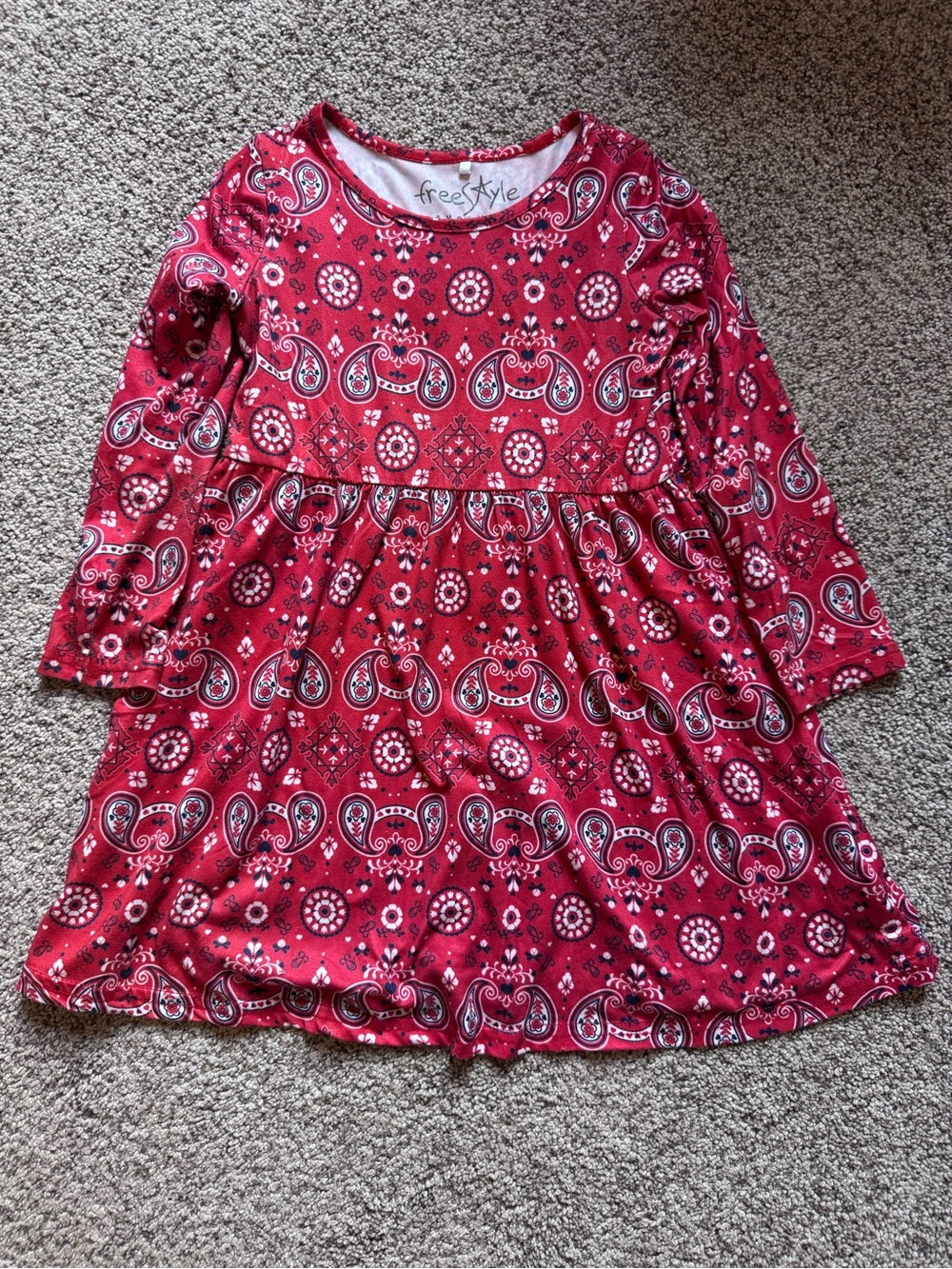 Freestyle Girls' Red Paisley Print Long-Sleeve Casual Dress